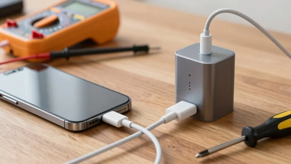 A worn charging cable and power adapter rest beside a smartphone charging port during inspection.