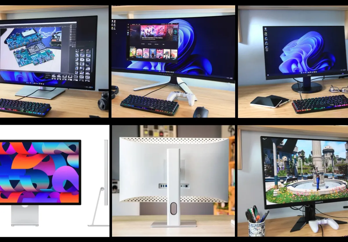 A desktop monitor displays a Mac interface alongside visible USB-C cables and an adjustable stand.