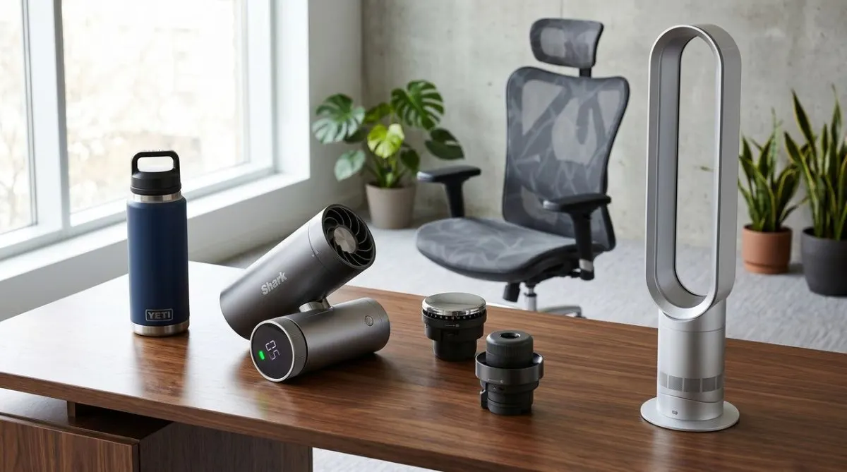 A portable personal cooling fan provides targeted airflow on a desk in a warm workspace.