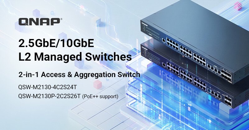 QNAP QSW-M2130 series L2 web managed switches with 2.5GbE and 10GbE ports in standard and PoE++ models.