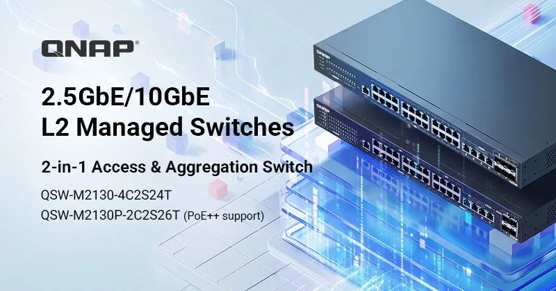 QNAP QSW-M2130 series L2 web managed switches with 2.5GbE and 10GbE ports in standard and PoE++ models.