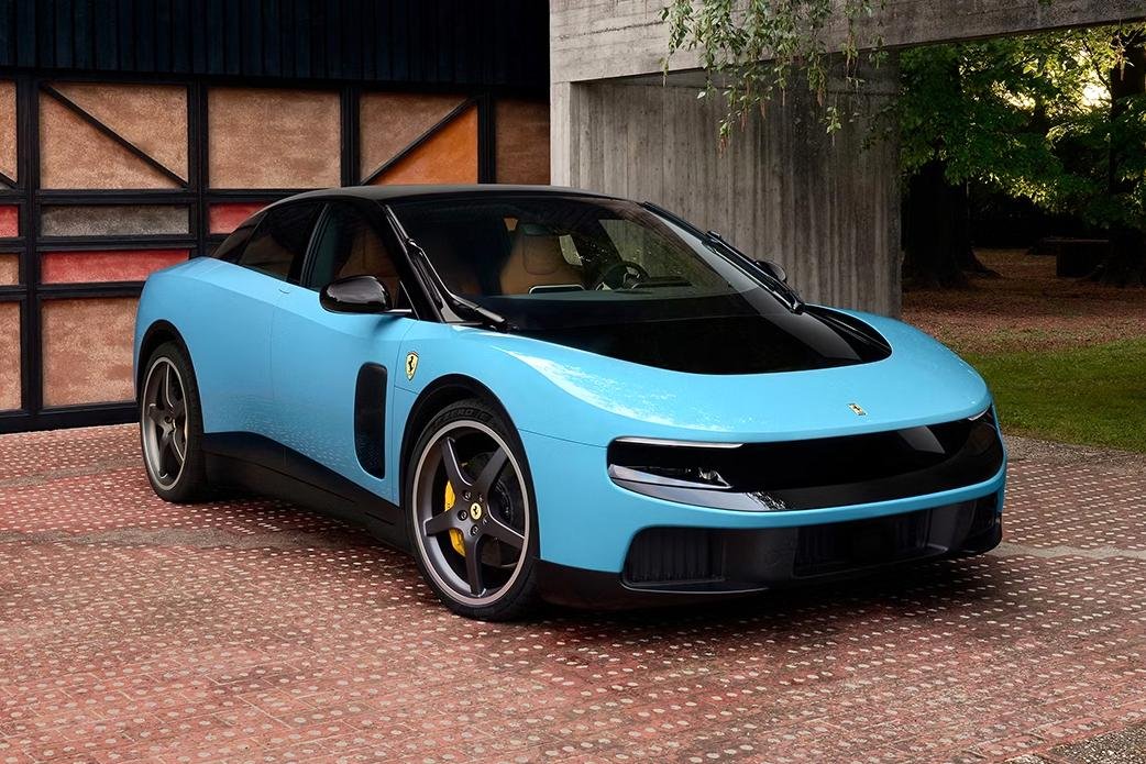 The Ferrari Luce electric vehicle features a four-door design and sleek exterior profile.