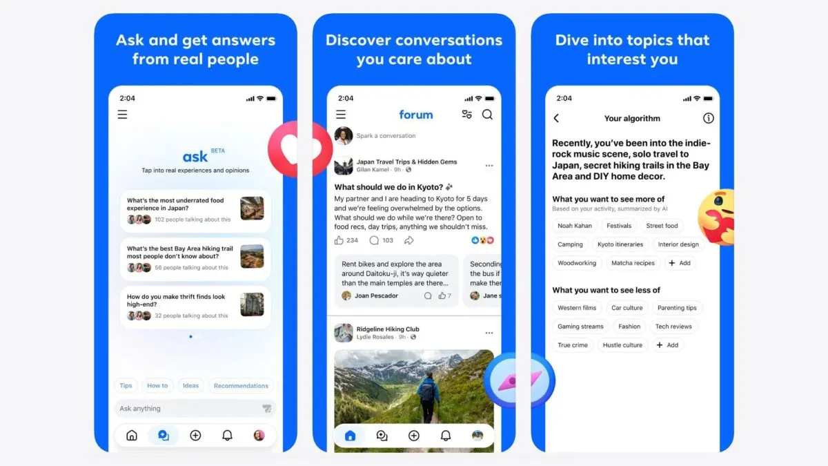 The Meta Forum application interface displays verified community feeds alongside an integrated AI chatbot for content disc...