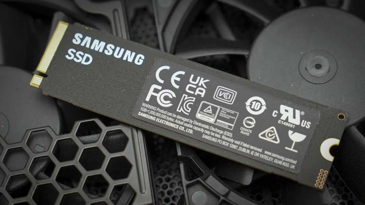 This photograph shows the Samsung 9100 Pro 1TB PCIe 5.0 NVMe solid state drive alongside its technical specifications.
