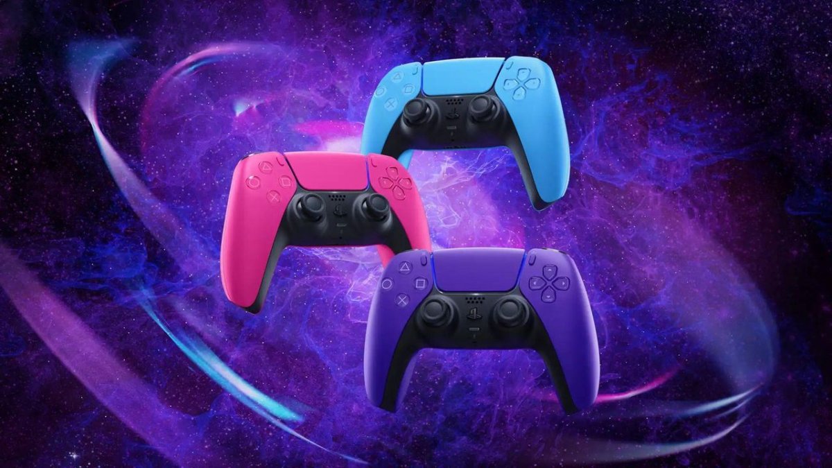 Multiple PlayStation 5 DualSense controllers are arranged for the Days of Play promotional sale.