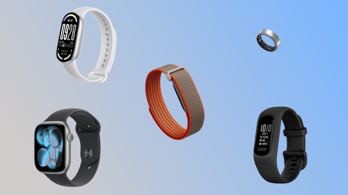 Group of subscription-free fitness trackers and smart rings displaying health metrics on digital screens.