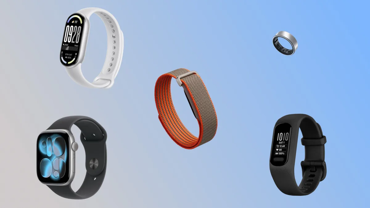 Group of subscription-free fitness trackers and smart rings displaying health metrics on digital screens.