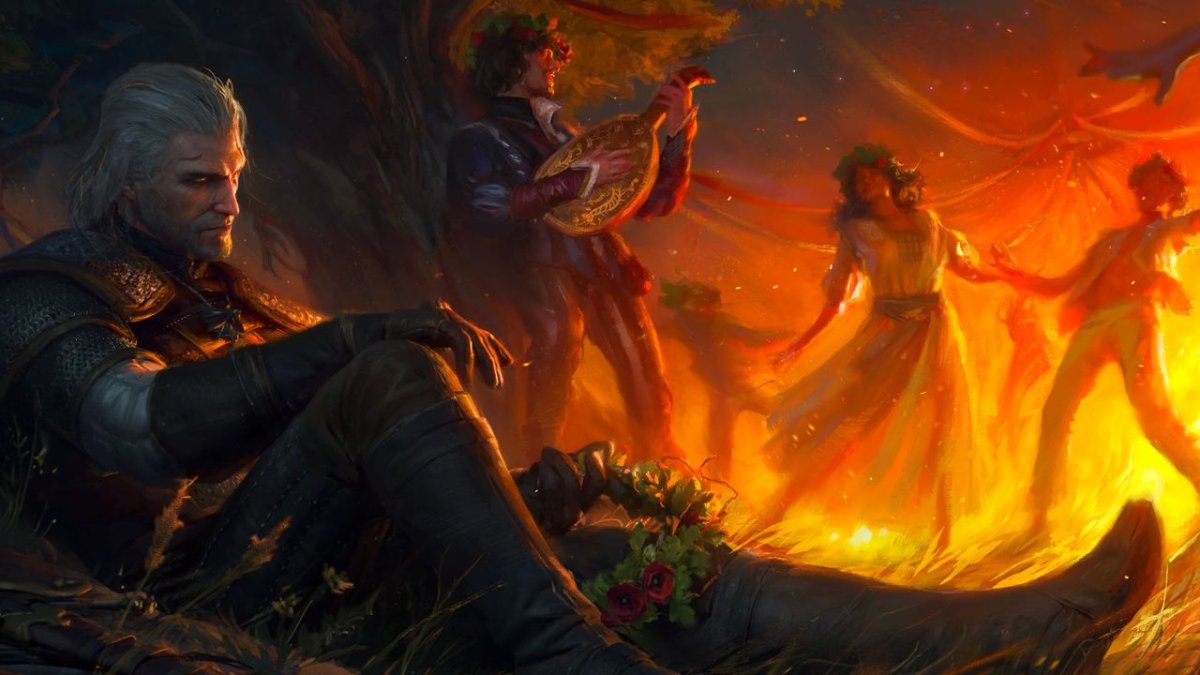 Official artwork for The Witcher 3 Songs of the Past revealing a hidden third sword from a past Beltane illustration.