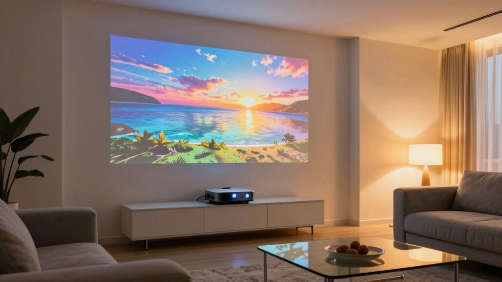 Ultra-short-throw projector positioned directly beneath a large display screen in a modern living room.