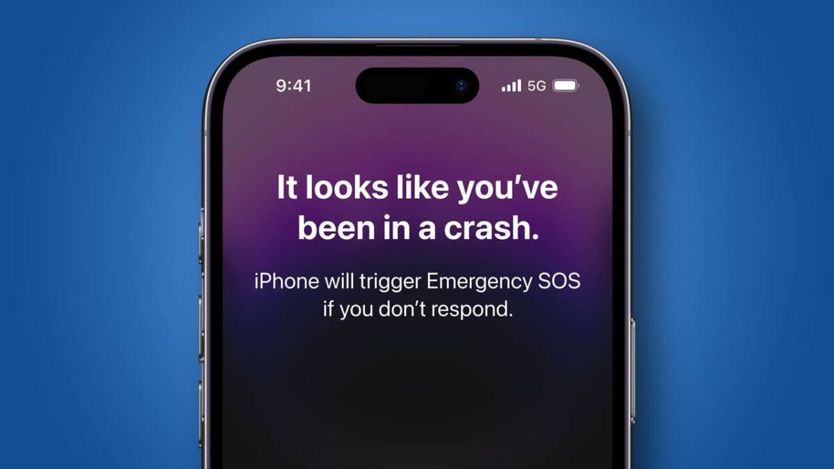 The screen displays an automatic crash detection alert with an emergency countdown and GPS coordinates.