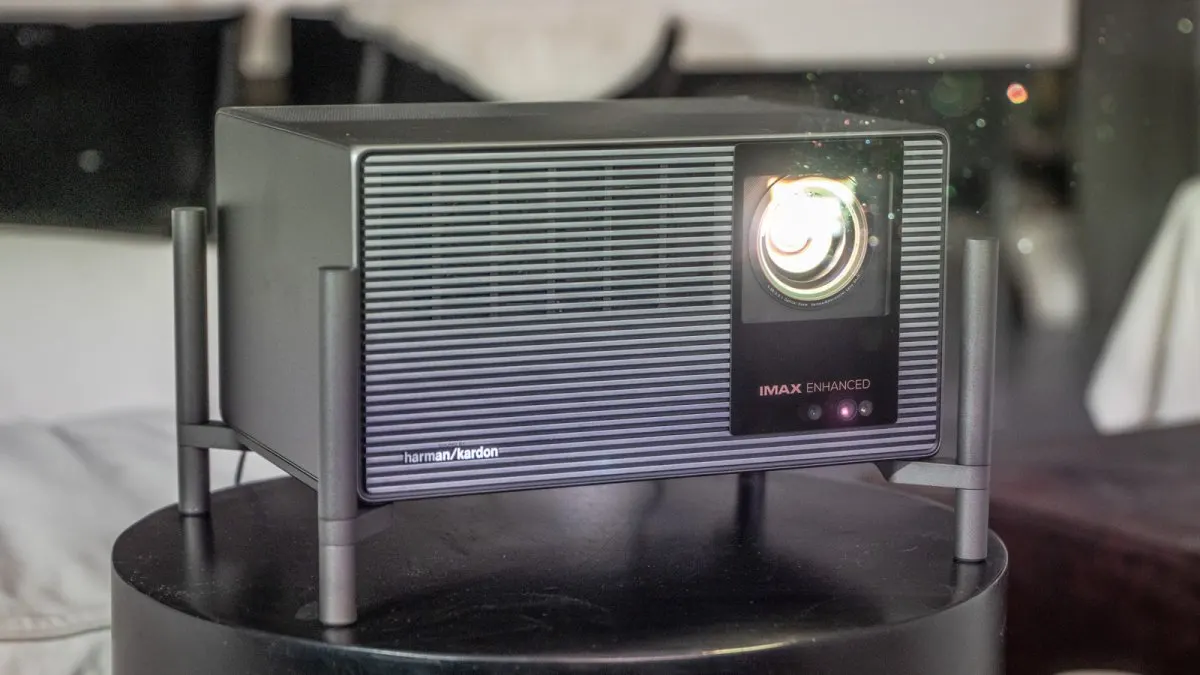 XGIMI Titan Noir Max projector displaying its triple-laser DLP engine and optical precision components.