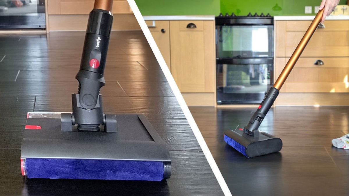The Dyson Pencilwash cordless floor cleaner uses a dual tank water system and self propulsion technology.