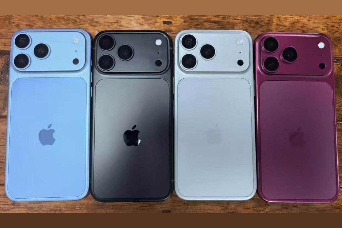 Prototype iPhone 18 Pro dummy models display Dark Cherry, light blue, dark gray, and silver finishes.
