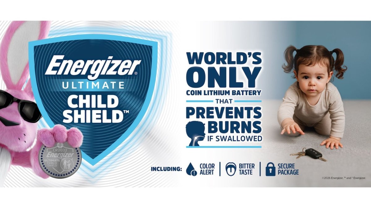 Energizer 20mm coin lithium batteries feature a blue safety dye indicator for child ingestion prevention.