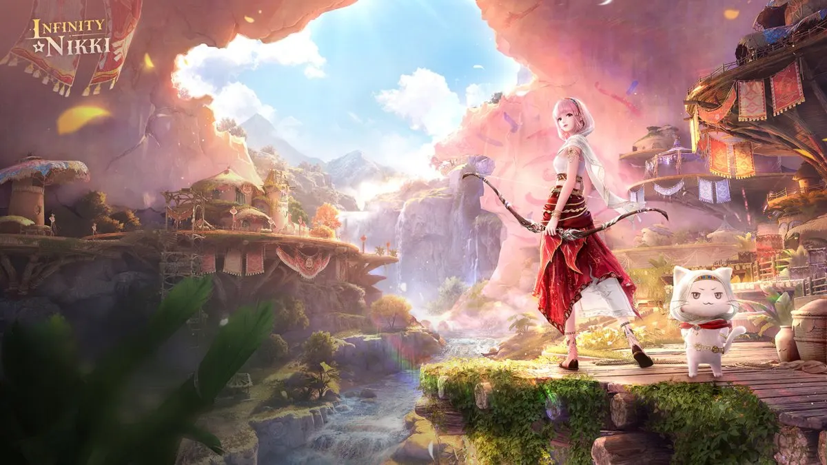 A character explores an open world environment while wearing a dress with realistic fabric physics.
