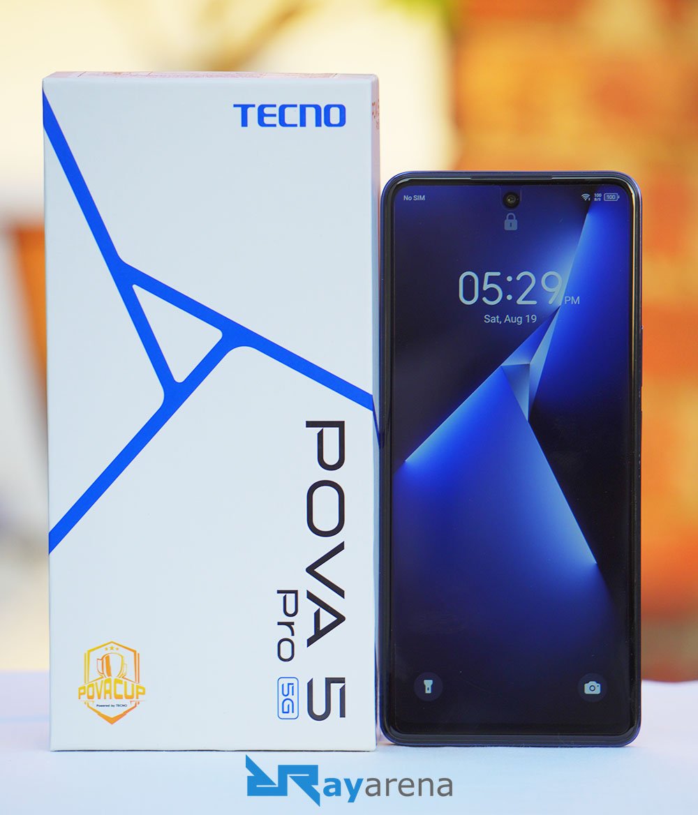 The TECNO Pova 5 Pro 5G smartphone is displayed with its distinctive rear design and dual stereo speakers visible.