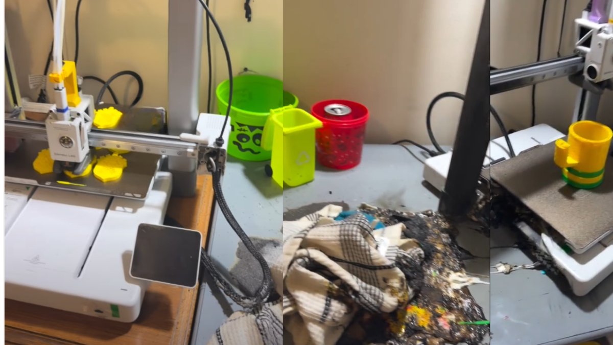 Severely damaged Bambu Lab A1 3D printer frame showing thermal damage and melted components.