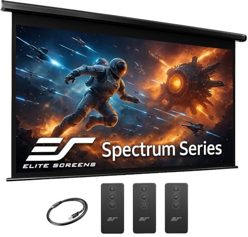 Motorized projector screen deployed in a home theater room