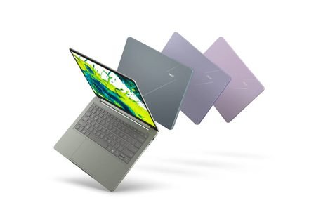 The silver Acer Swift Air 14 laptop features an aluminum chassis and a slim profile.