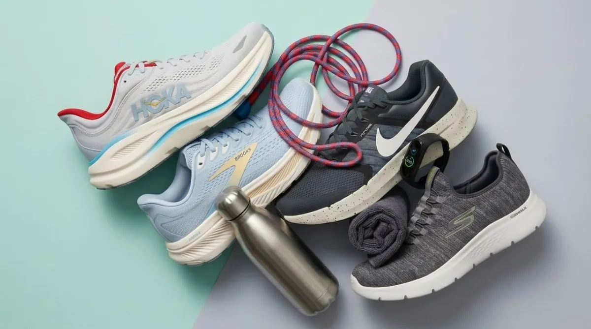 A display of running shoes is arranged for a seasonal retail promotion.