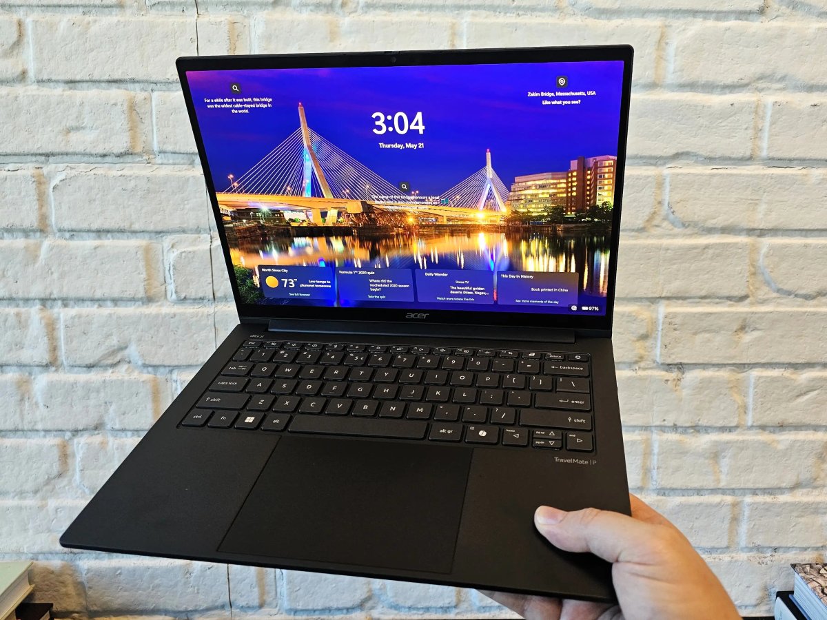 The Acer TravelMate P6 14 AI laptop features a carbon fiber chassis and an Intel Panther Lake processor.