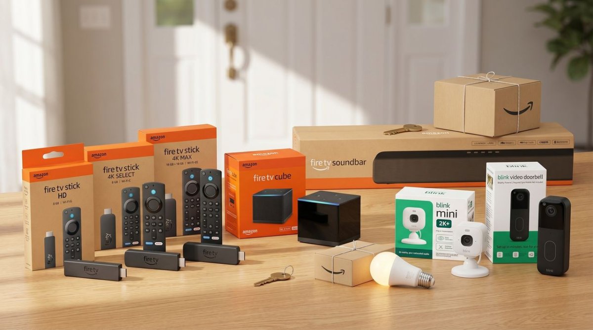 This graphic displays Amazon Memorial Day device discounts featuring smart home cameras and streaming players.