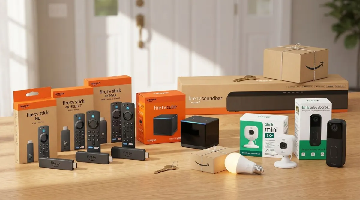 This graphic displays Amazon Memorial Day device discounts featuring smart home cameras and streaming players.