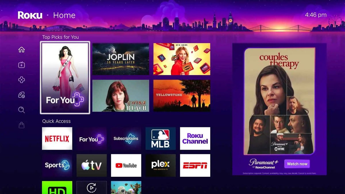 Roku home screen showing recommendation rows, dynamic Quick Access panel, and resized icons for content navigation.