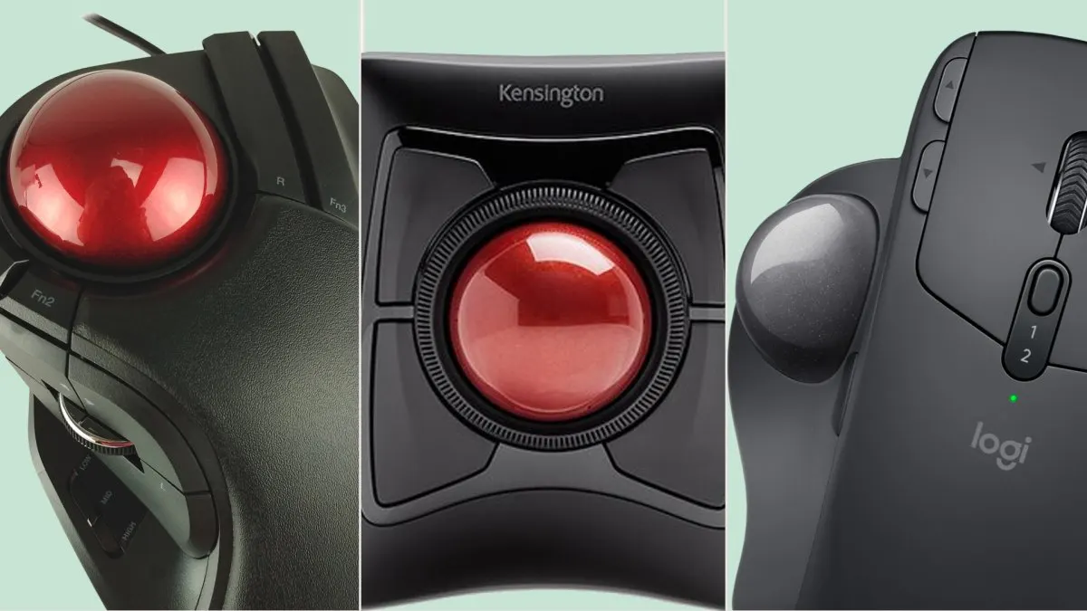 A modern trackball mouse displays its ergonomic design and precision control ball for professional use.