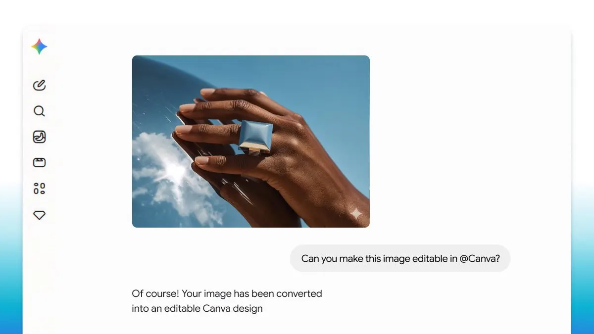 The Canva editor displays an AI generated design created with Gemini and Magic Layers.