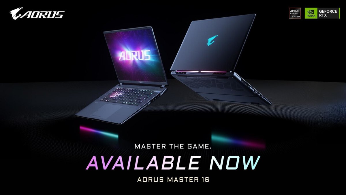 The Gigabyte AORUS MASTER 16 2026 laptop displays its ultra-thin chassis and cooling system.