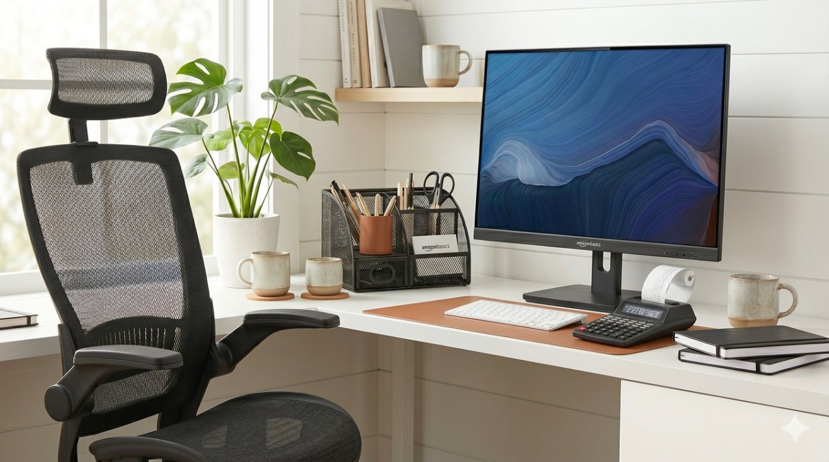 A budget home office desk features storage bins, organizational tools, and ergonomic accessories.