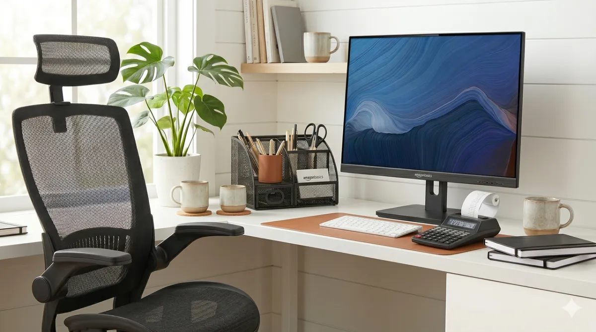 A budget home office desk features storage bins, organizational tools, and ergonomic accessories.