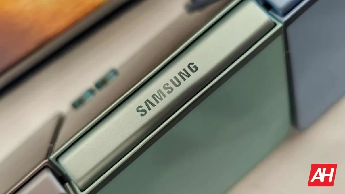 A Samsung Galaxy Z Fold 8 Wide foldable smartphone rests on a retail display stand.