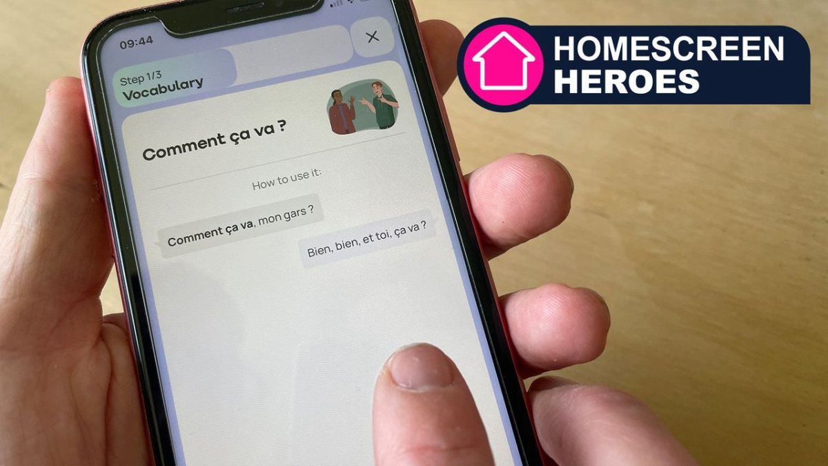 The mobile application displays an AI conversation interface with language options and daily progress tracking.