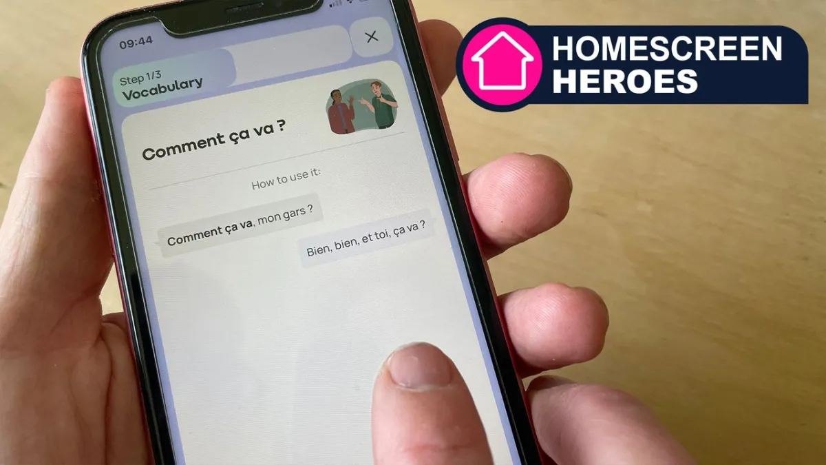 The mobile application displays an AI conversation interface with language options and daily progress tracking.