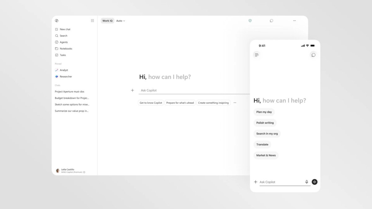 Microsoft 365 Copilot now features a text-focused interface with a dynamic prompt bar and reduced visual clutter.