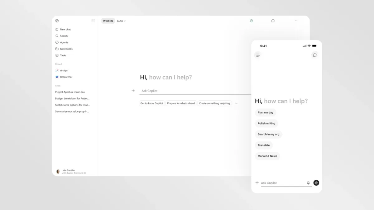 Microsoft 365 Copilot now features a text-focused interface with a dynamic prompt bar and reduced visual clutter.