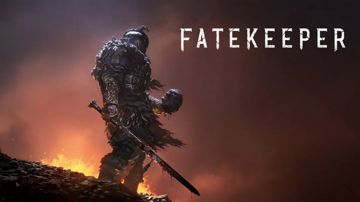 Gameplay screenshot of Fatekeeper showing first-person melee combat and spellcasting in a handcrafted environment.