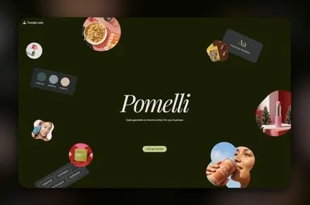 The Google Pomelli interface displays automated tools for generating brand guidelines and business profiles.