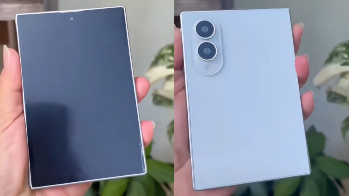 A non-functional prototype of Samsung's wide foldable device displays hinge engineering and chassis proportions.