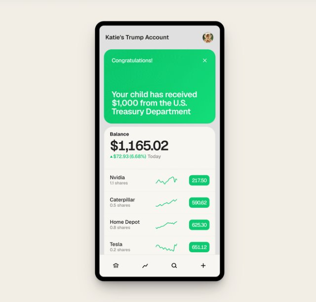 The smartphone screen displays the Trump Accounts app interface for managing child investment accounts.