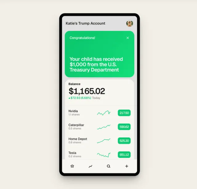 The smartphone screen displays the Trump Accounts app interface for managing child investment accounts.