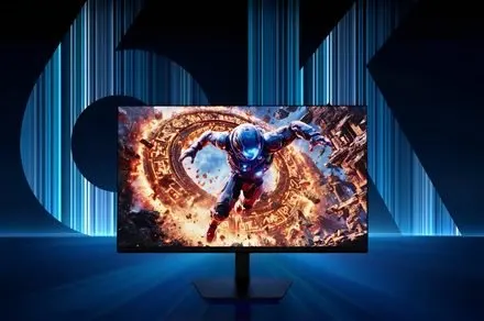 Samsung Odyssey G8 32-inch 6K gaming monitor with a slim black bezel and stand.