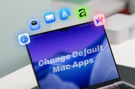 The macOS settings window displays the default applications menu for changing system file associations.