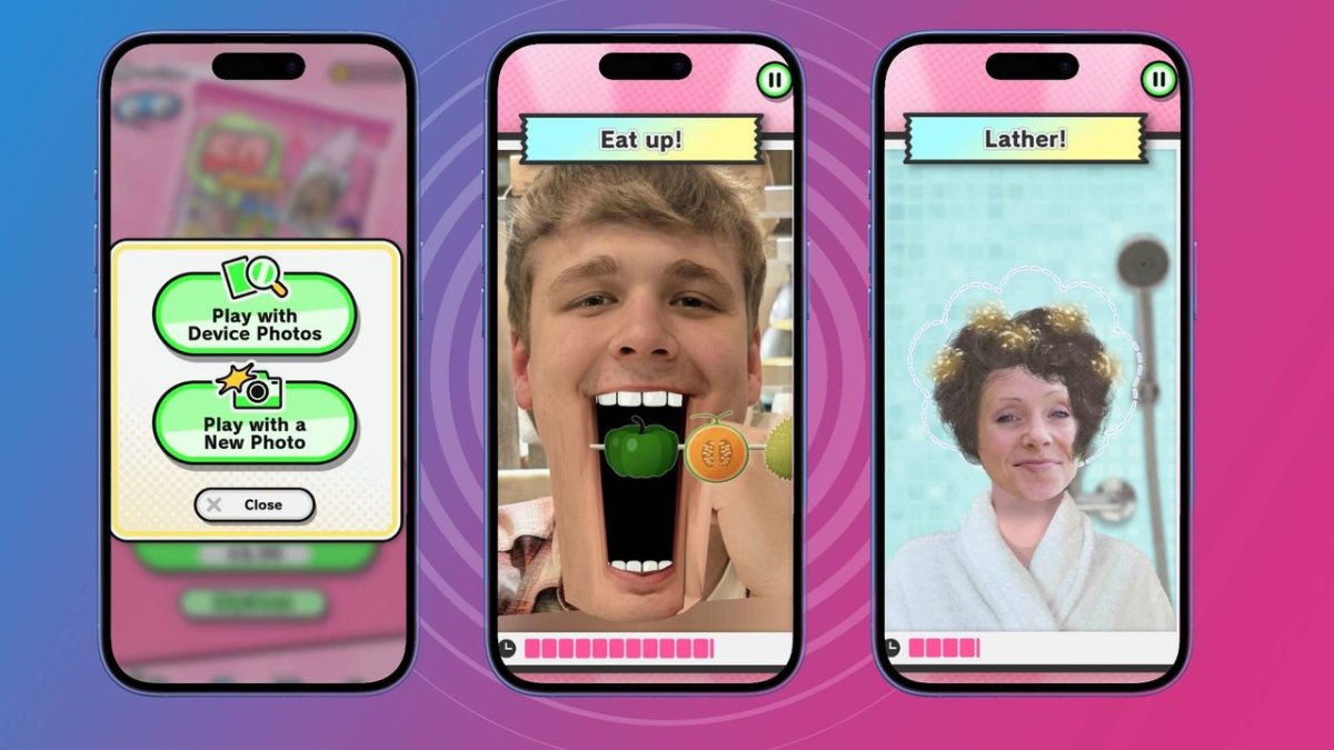 Pictonico mobile game interface showing the photo to minigame conversion feature on iOS and Android.