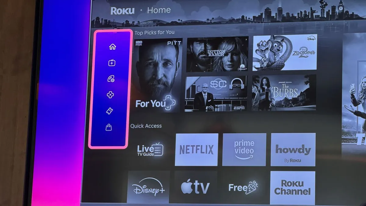 The updated Roku home screen displays personalized content rows and AI-driven recommendations on a television interface.