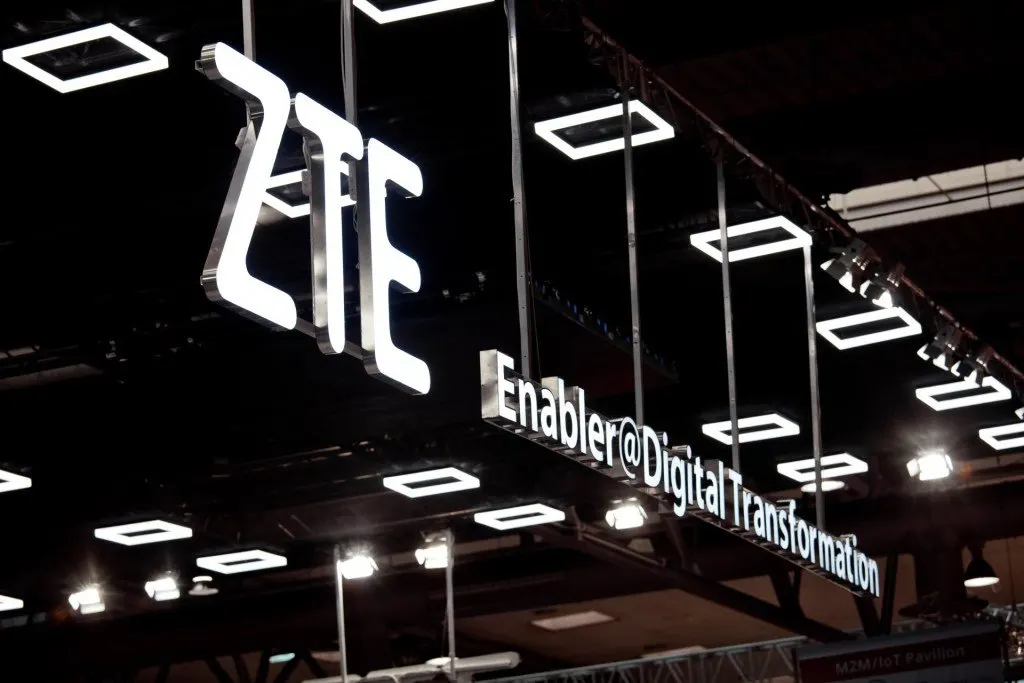 ZTE corporate headquarters building exterior displaying the company logo.