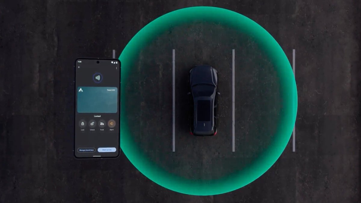 An Android smartphone displays a digital car key interface for secure vehicle access.