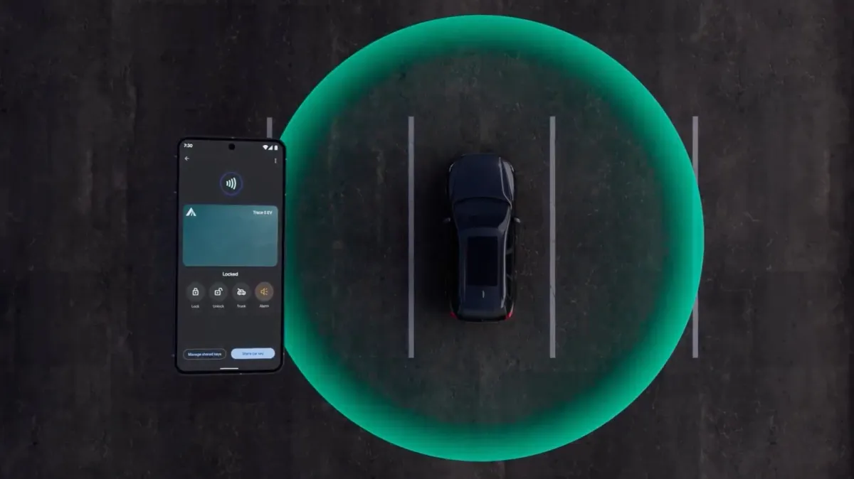An Android smartphone displays a digital car key interface for secure vehicle access.
